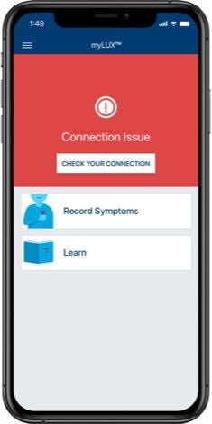 iPhone showing homescreen of the myLUX patient app with the learn button highlighted