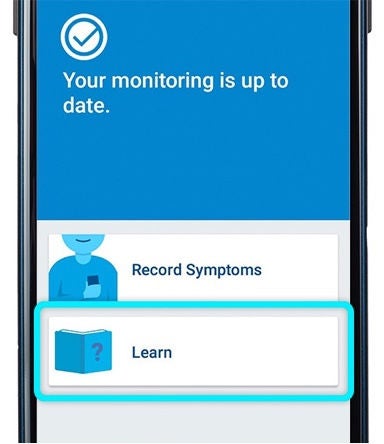 Boston Scientific phone showing homescreen of the myLUX patient app with the learn button highlighted