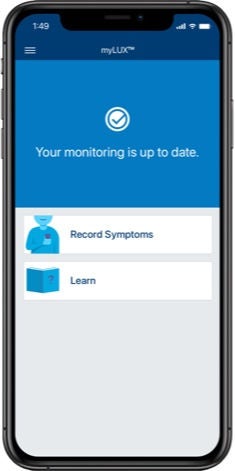 iPhone showing the home screen of myLUX patient app