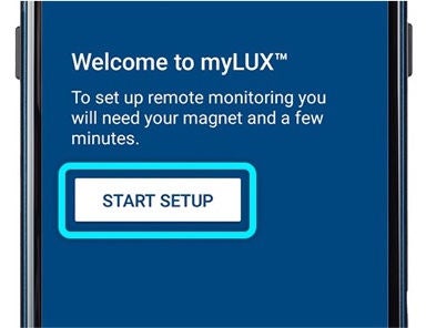 Boston Scientific phone showing start screen of the set-up process for the myLUX patient app