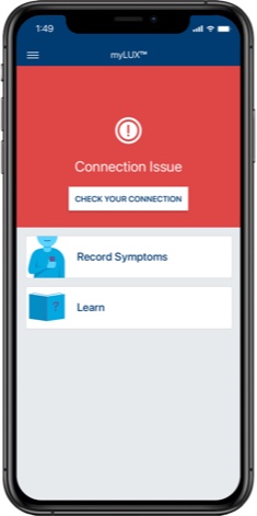 iPhone showing homescreen of the myLUX patient app with the learn button highlighted
