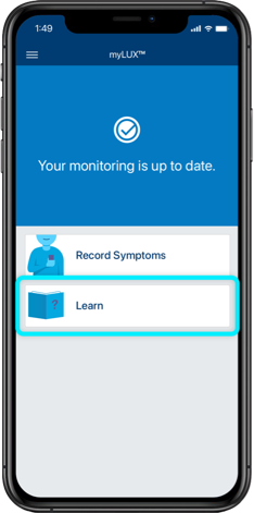 iPhone showing the homescreen of the myLUX patient app with the Learn button highlighted