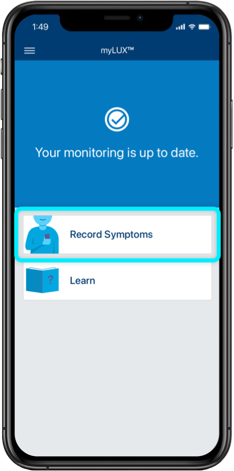 iPhone showing the homescreen of the myLUX patient app with the record symptoms button highlighted