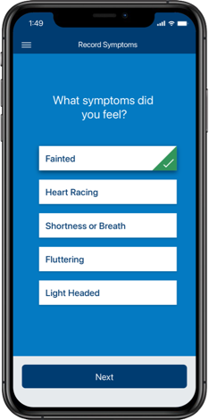 iPhone showing the first screen of the record symptoms flow
