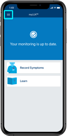 iPhone showing the home screen of myLUX patient app