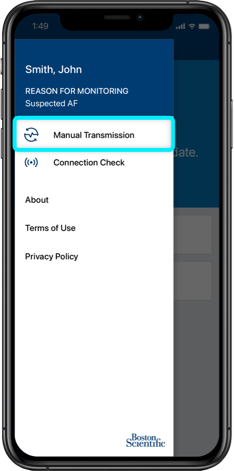iPhone showing the myLUX patient app with the menu open