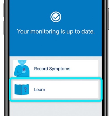 iPhone showing homescreen of the myLUX patient app with the learn button highlighted