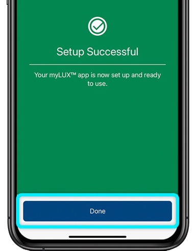 iPhone showing set up success screen for the myLUX patient app with done button highlighted