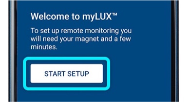 Android phone showing start screen of the set-up process for the myLUX patient app