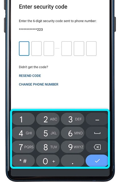 Android phone showing a security code screen