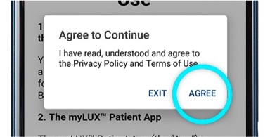 Boston Scientific phone showing the terms and conditions pop-up with the agree button highlighted