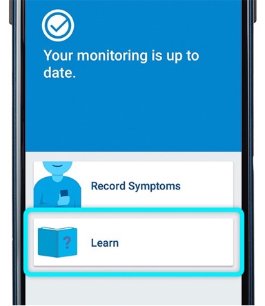 Boston Scientific phone showing homescreen of the myLUX patient app with the learn button highlighted