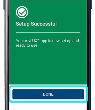 Boston Scientific phone showing set up success screen for the myLUX patient app with done button highlighted