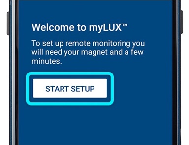 Boston Scientific phone showing start screen of the set-up process for the myLUX patient app