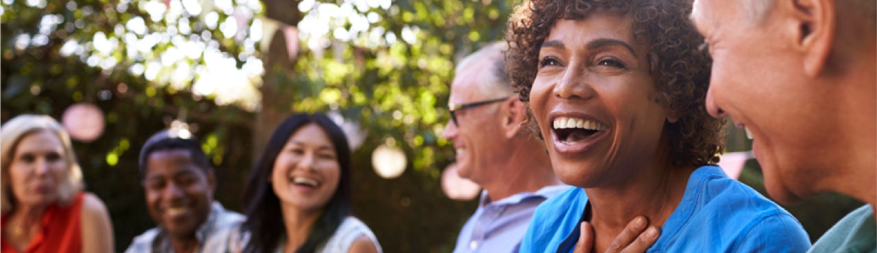 Hero banner happy middle-aged woman surrounded by friends